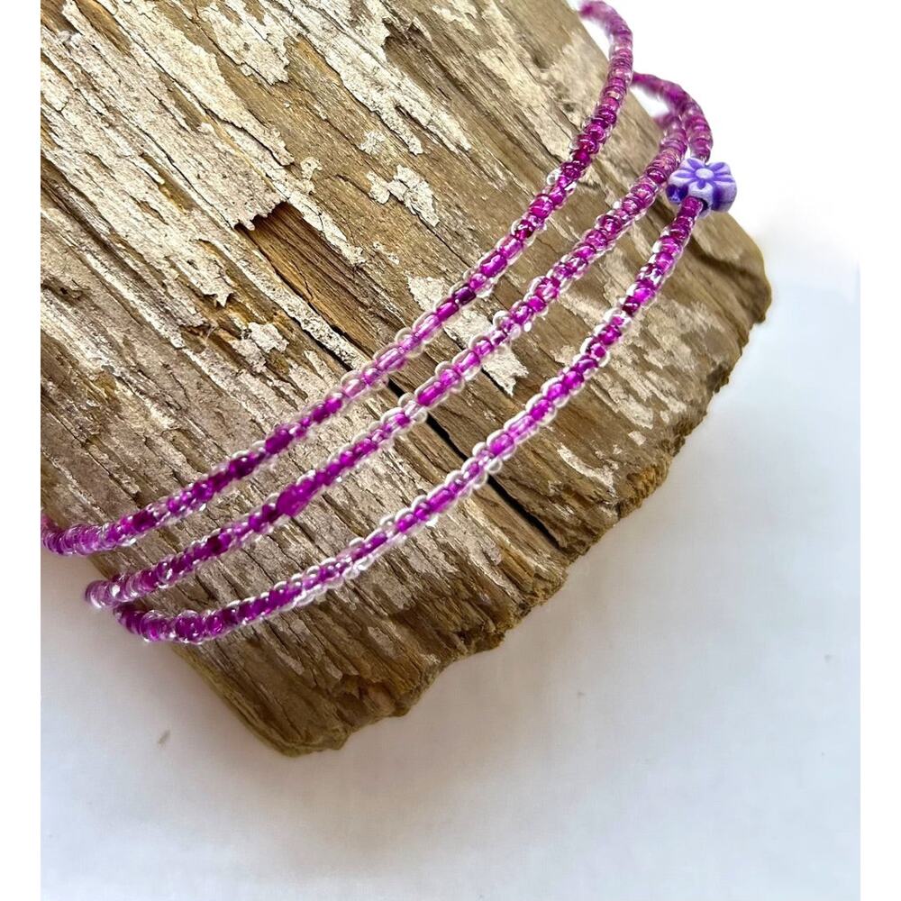 Delicate Beaded Wire Bracelet Adjustable Purple Flowers